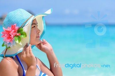 Face Woman Is Happy With The Sea In Thailand Stock Photo