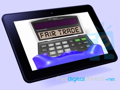 Fair Trade Calculator Tablet Shows Ethical Products And Buying Stock Image