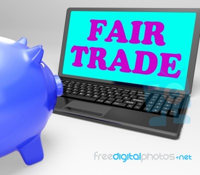 Fair Trade Laptop Means Fairtrade Ethical Shopping Stock Image