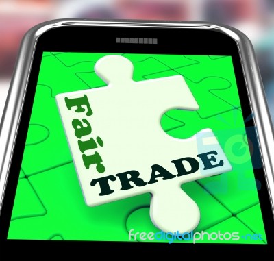 Fair Trade Smartphone Shows Purchasing Ethical Fairtrade Goods Stock Image