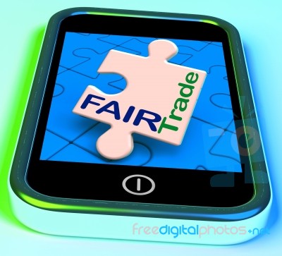 Fairtrade On Phone Shows Fair Trade Product Or Products Stock Image