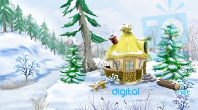 Fairy Tale House In A Winter Forest At  Christmas Eve Stock Image