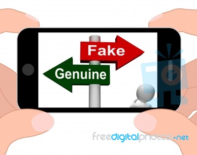 Fake Genuine Signpost Displays Authentic Or Faked Product Stock Image