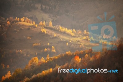 Fall In Mountain Hills. October Scene Stock Photo