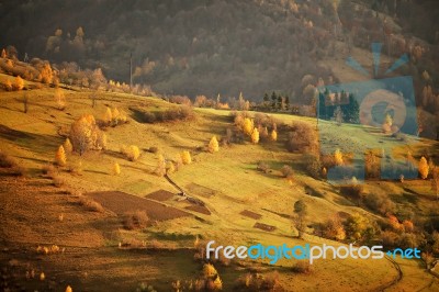 Fall In Mountain Village. October Scene Stock Photo