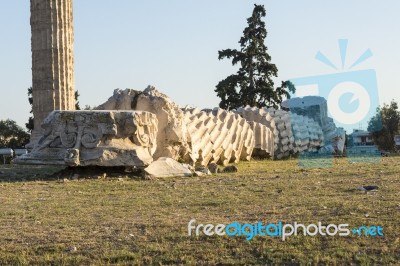 Fallen Column In Temple Of Zeus Stock Photo