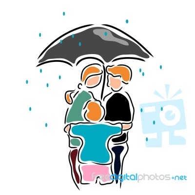 Family Hugging Under Umbrella Stock Image