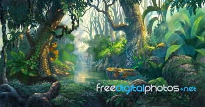 Fantasy Forest Background Illustration Painting Stock Image