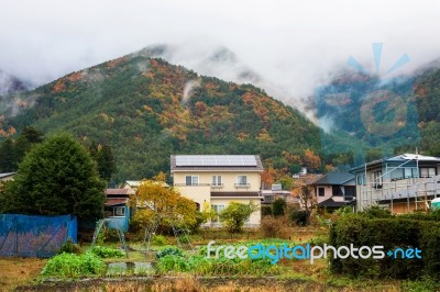 Farm And Houses Near Mountain With Autumn Color Stock Photo