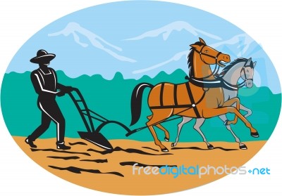 Farmer And Horses Plowing Field Cartoon Stock Image