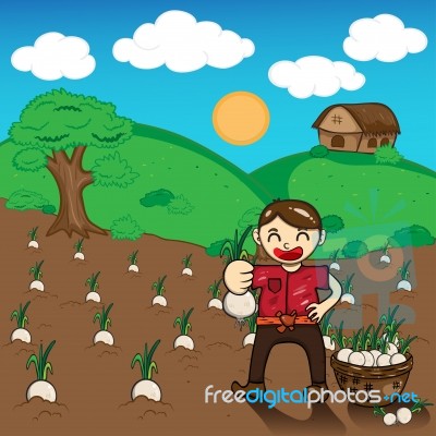 Farmer And Onion Plants A Harvest  Cartoon Stock Image