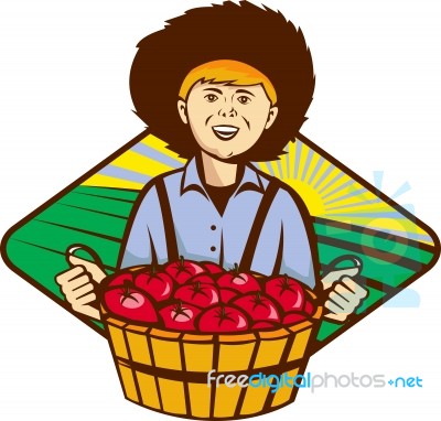 Farmer Boy Straw Hat Tomato Harvest Stock Image