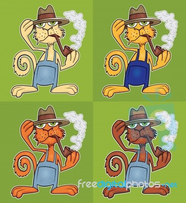 Farmer Cat Wearing Hat Smoking Pipe Stock Image