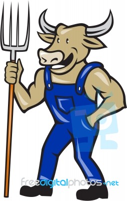 Farmer Cow Holding Pitchfork Cartoon Stock Image