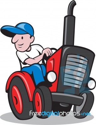 Farmer Driving Vintage Tractor Cartoon Stock Image