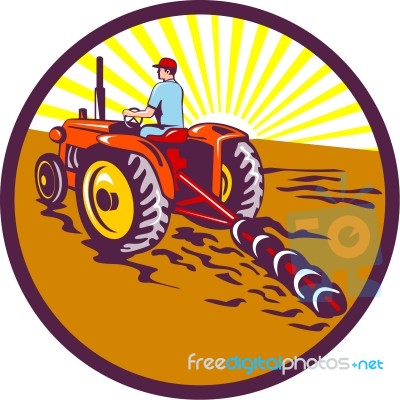 Farmer On Tractor Circle Retro Stock Image