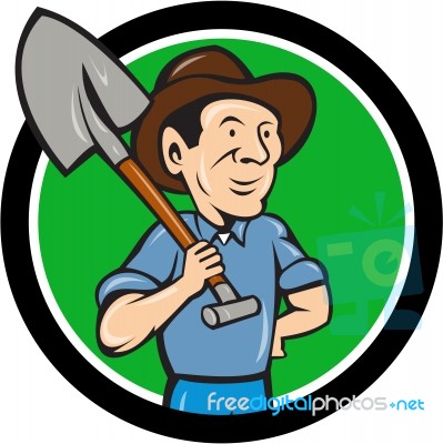 Farmer Shovel Shoulder Circle Cartoon Stock Image