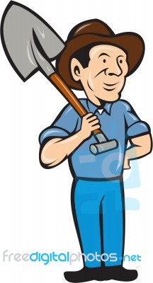 Farmer Shovel Shoulder Standing Cartoon Stock Image