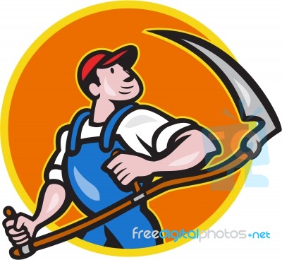 Farmer Worker Holding Scythe Circle Cartoon Stock Image