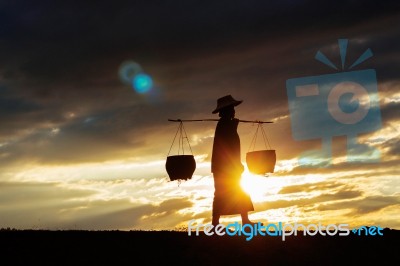 Farmers Are Walking At Sunset Stock Photo