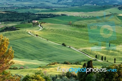 Farmland Below Pienza In Tuscany Stock Photo