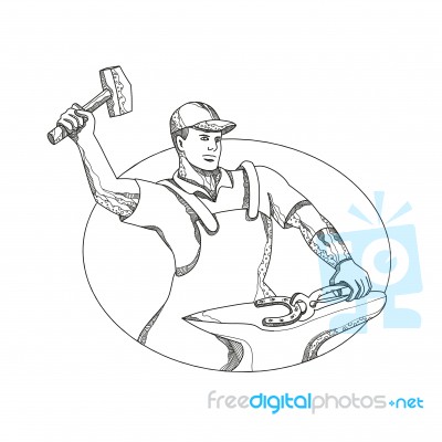 Farrier Wielding Hammer Oval Doodle Art Stock Image