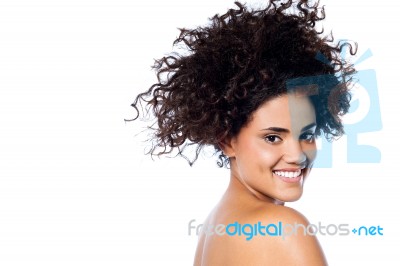 Fashion Girl Portrait, Curly Hair Stock Photo