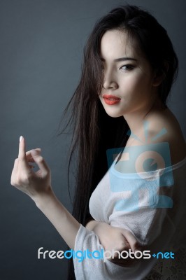 Fashion Portrait Of Beautiful Young Asian Woman With Red Lip And… Stock Photo