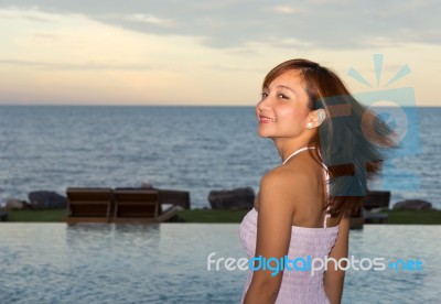 Fashion Women On Sea View Background Stock Photo