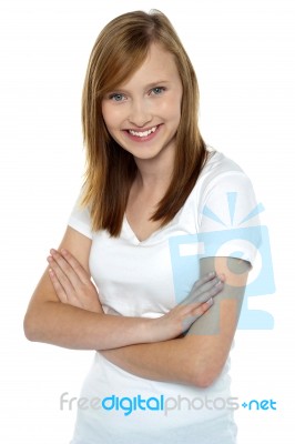 Fashionable Young Girl In Pristine White T-shirt Stock Photo