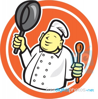 Fat Buddha Chef Cook Holding Pan Circle Cartoon Stock Image