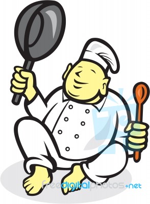 Fat Buddha Chef Cook Sitting Cartoon Stock Image