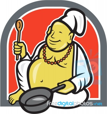 Fat Happy Buddha Chef Cook Cartoon Stock Image