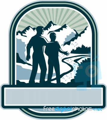 Father Son Journey Mountains Crest Retro Stock Image