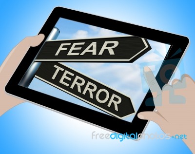 Fear Terror Tablet Shows Frightened And Terrified Stock Image