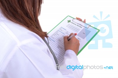 Femal Doctor And Blank Medical Record Stock Photo