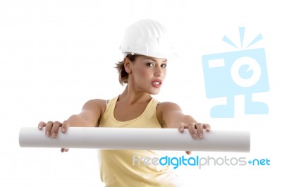 Female Architect Holding Blueprint Stock Photo