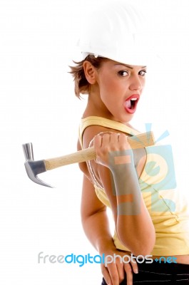 Female Architect Holding Hammer Stock Photo