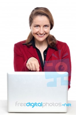 Female Business Executive Pointing At Laptop Stock Photo