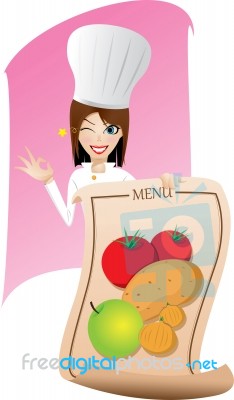 Female Chef Is Showing The Menu Stock Image