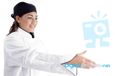 Female Chef Offering Handshaking Stock Photo