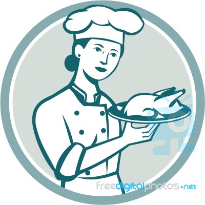 Female Chef Serving Chicken Roast Circle Retro Stock Image