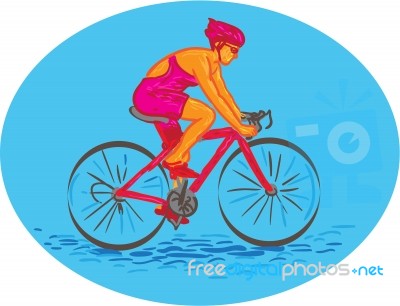 Female Cyclist Riding Bike Drawing Stock Image