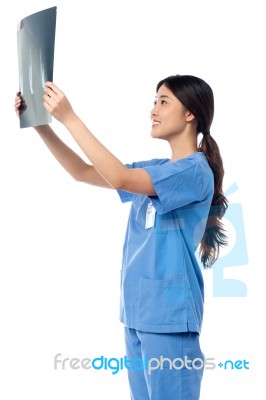 Female Doctor Looking At Scanned X-ray Report Stock Photo