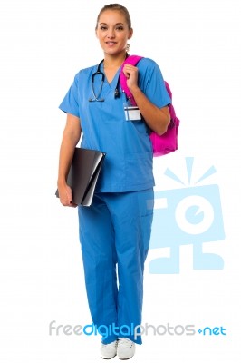 Female Doctor Posing With Backbag Stock Photo