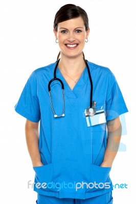 Female Doctor With Stethoscope Around Her Neck Stock Photo