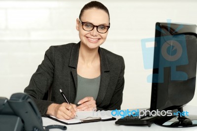 Female Executive Writing On Notepad Stock Photo