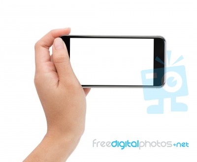 Female Hand Holding Phone White Screen With Clipping Path Inside… Stock Photo