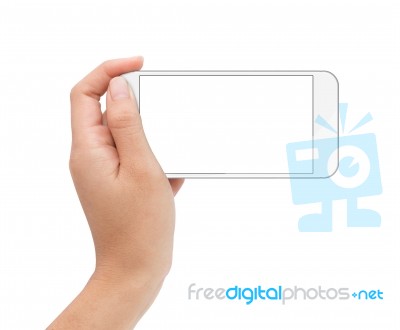 Female Hand Holding Phone White Screen With Clipping Path Inside… Stock Photo