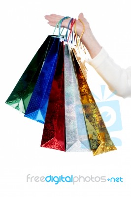 Female Hand Holding Shopping Bags Stock Photo